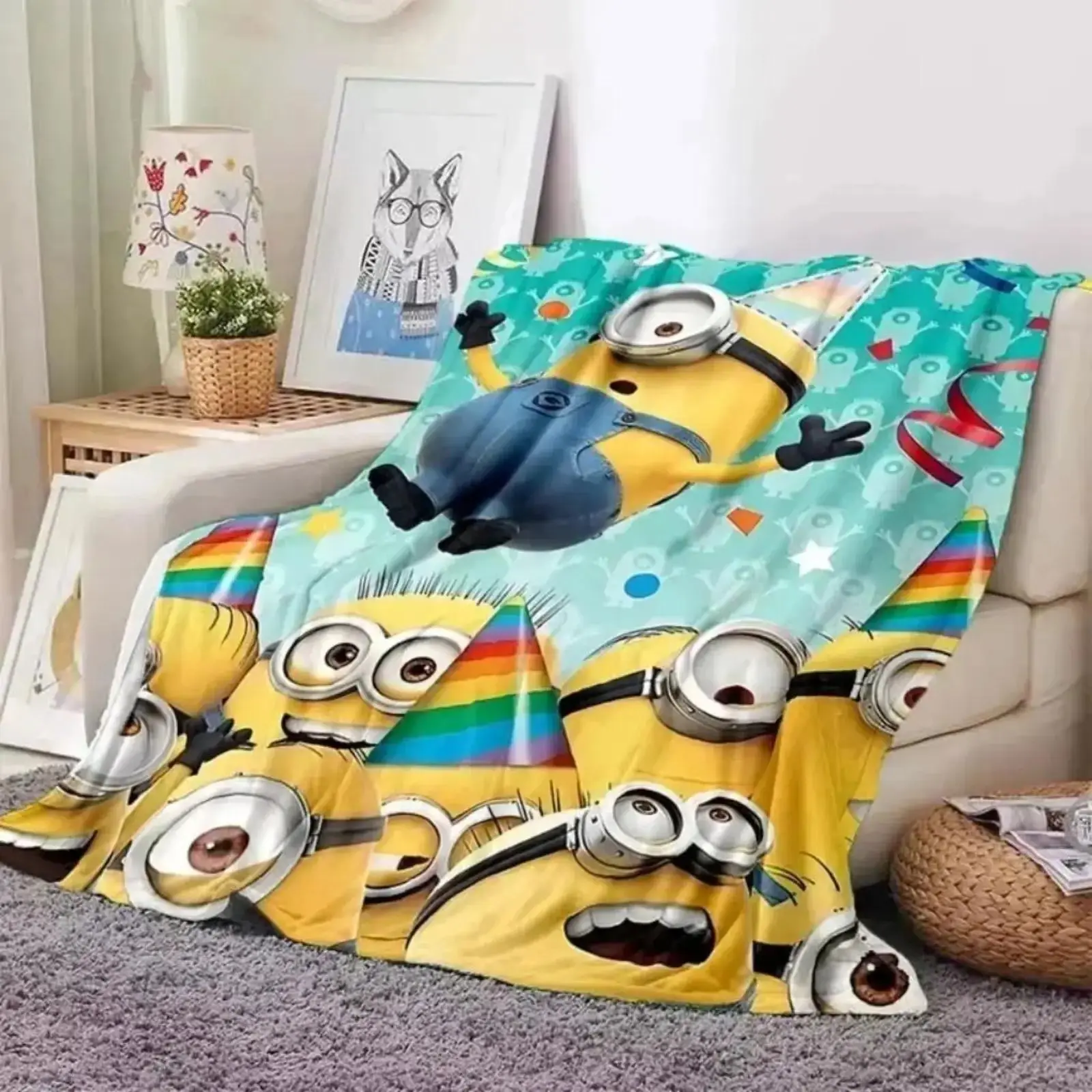 Minions Printed Polyester Flannel Blanket - 4 Sizes Lightweight Soft AC Cooling Throw, Bedding Accessory for Bed/Sofa, Indoor/Outdoor Gift for Cartoon Fans