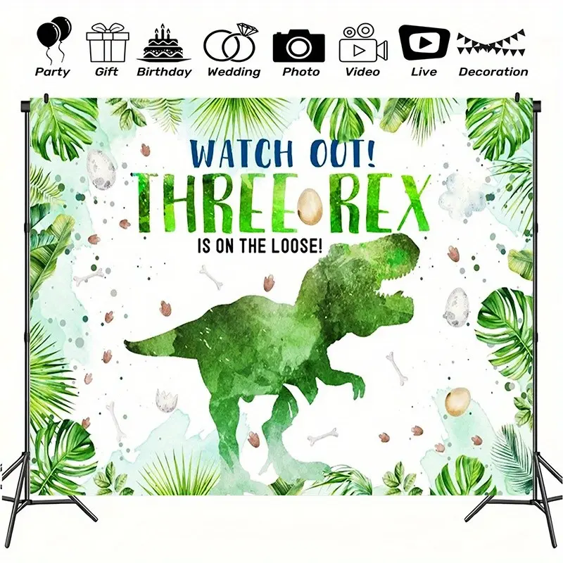 Dinosaur Theme Birthday Party Backdrop, Polyester Fabric, 2D Design, Multi-Purpose, No Power Needed, Ideal for Weddings, Photos, Videos, Events, Parties, Room Decor