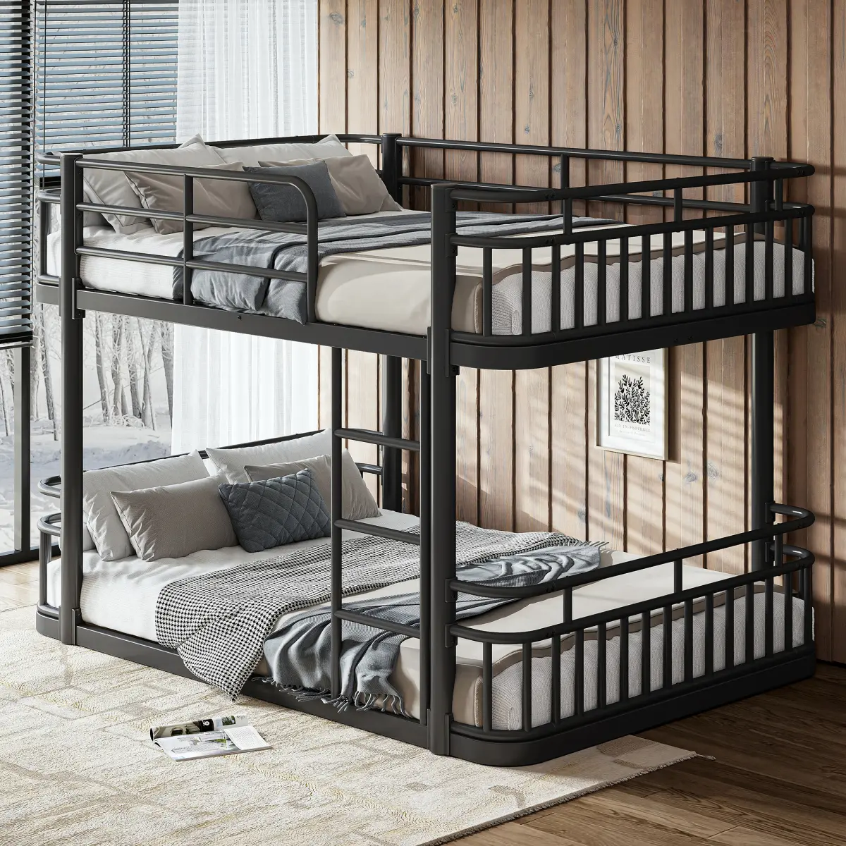 Full over Full Bunk Bed with Ladders & Guardrails, Upgraded Round-Pipe Metal Frame, Stylish & Versatile for Any Room, Teens & Adults,Black