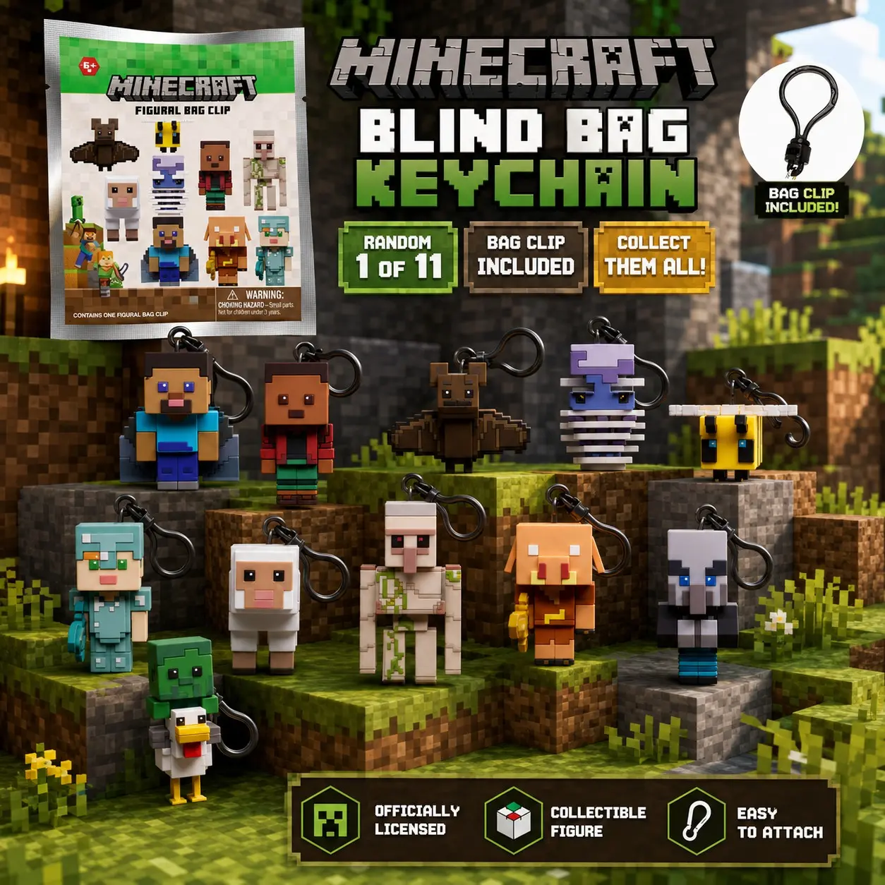 Minecraft Officially Licensed Blind Bag Keychain, Keyring, Keyrings for Keys, 3D Foam Pixel Figure, Mystery Bag Clip, Teen Gamer Gift, School Supplies, Collectible