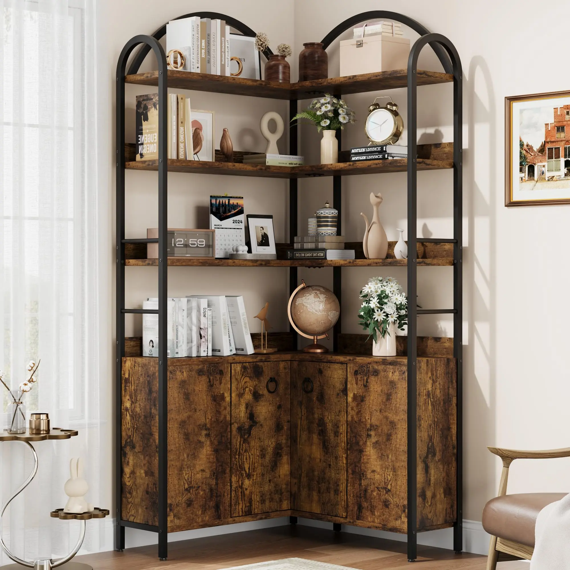 74.5" Tall Arched Top Rustic L-Shaped Corner Bookcase, 6-Tier Freestanding Storage Shelf with MDF Panels, Metal Construction, Cabinet Doors, Adjustable Feet, Anti-Tip Kit for Living Room, Home Office
