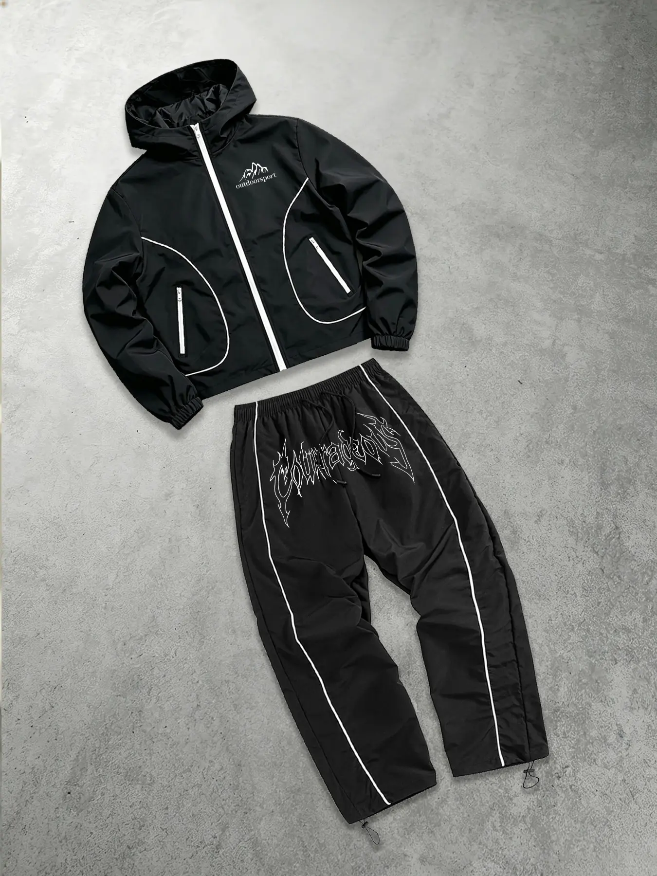 Men's Casual Sportswear Set, Hooded Zipper Jacket, Lightweight Windproof Fabric, Loose Straight Pants, Fitness Streetwear, Athleisure Tracksuit