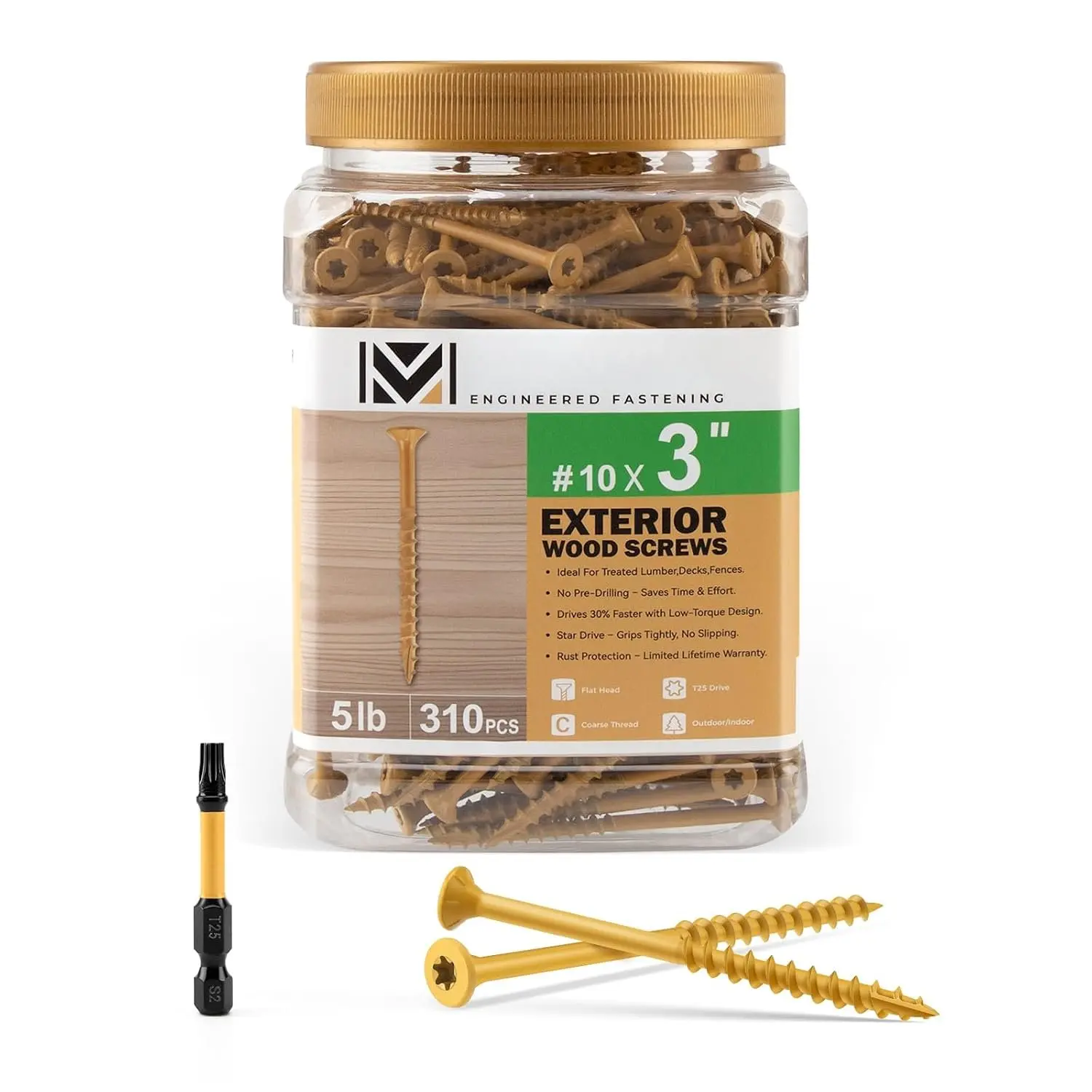 #10 x 3''  Deck Screws 310 count (5lb Box), Torx Flat- Exterior Screws, Multiple Size , Tan, T25  Bit Included