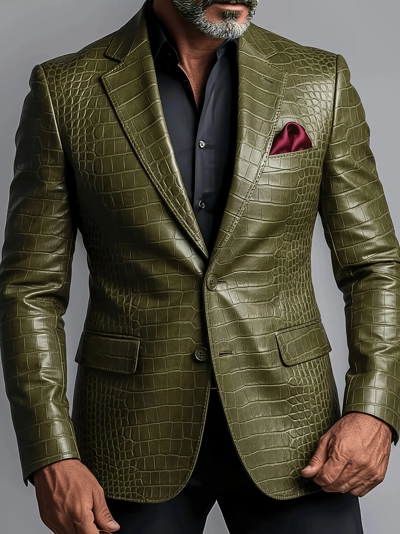 Men's Leather Crocodile Pattern Business Suit Jacket, Mature Elegant Style, Perfect for Parties and Outdoor Events, 1pc