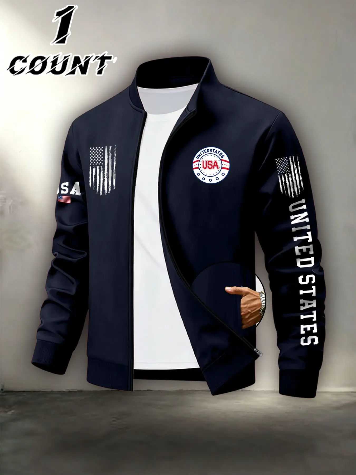 American Style Letter Print Baseball Jacket, Zipper Casual Outerwear, Men's Patriotic Daily Commute Flight Suit Top, Comfortable and Stylish, American Street Style