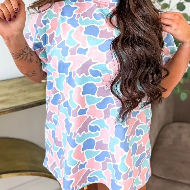 Summer Casual Camouflage Pattern Print Loose Round Neck T-Shirt, Comfortable Daily Wear, Perfect for Warm Weather, Stylish and Relaxed Fit