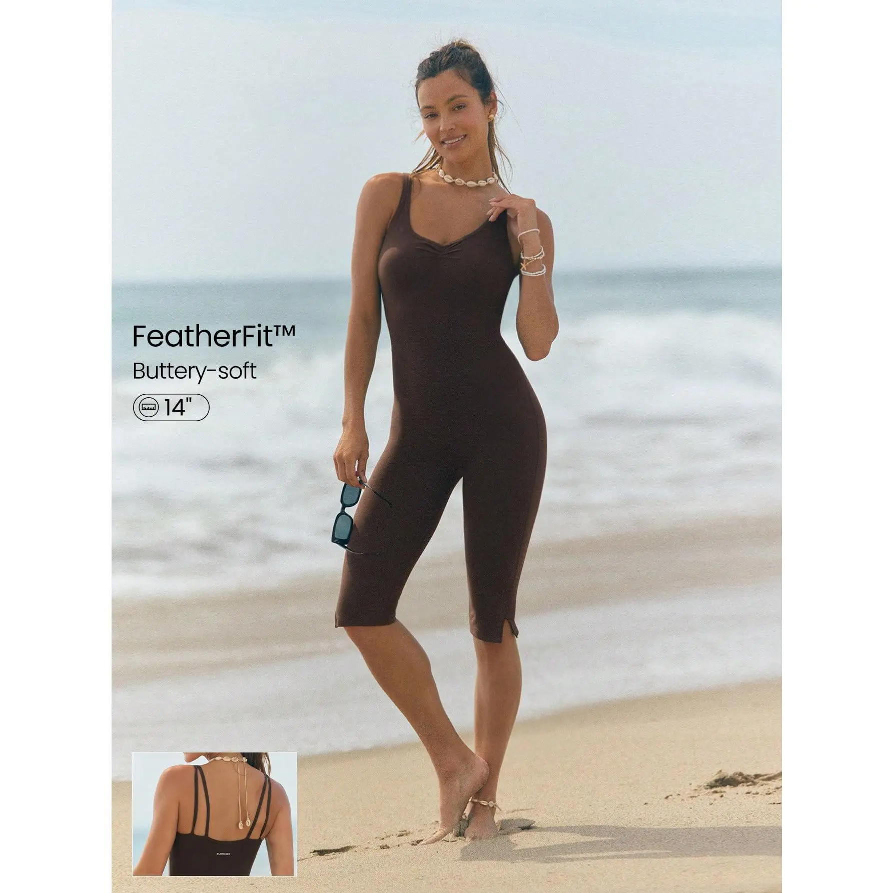 GLOWMODE 14'' FeatherFit Capri Confidence Mid-Leg Length Ruched Bust Side Slit Hem Split Back Strappy Bodysuit With Removable Cups Yoga Pilates