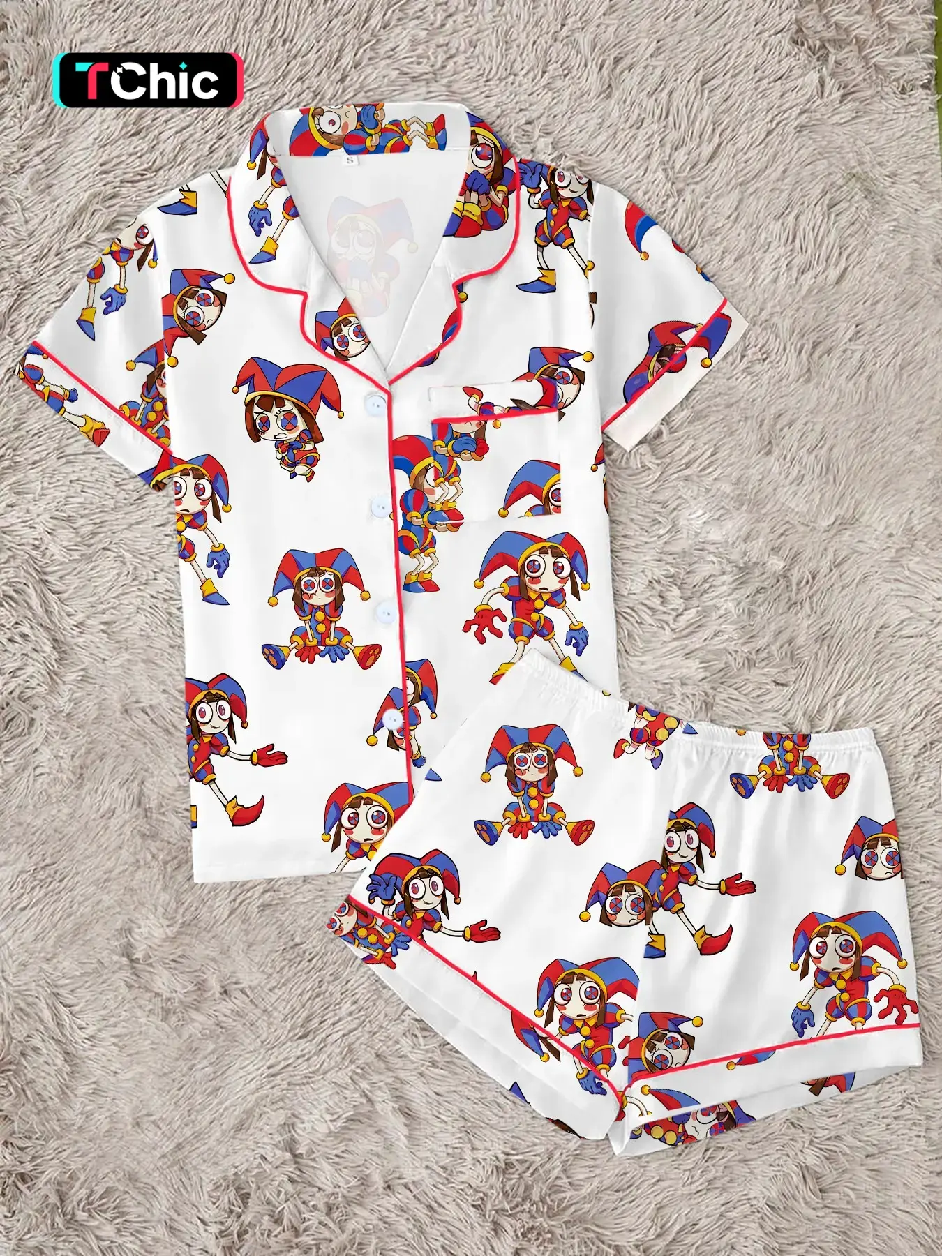 Women's Cute Circus Character Pajamas Set, Funny Magic Monster Pattern Button Sleepwear, Loungewear, Soft 2-Piece Short Sleeve Summer Home Wear, Collared Pajamas