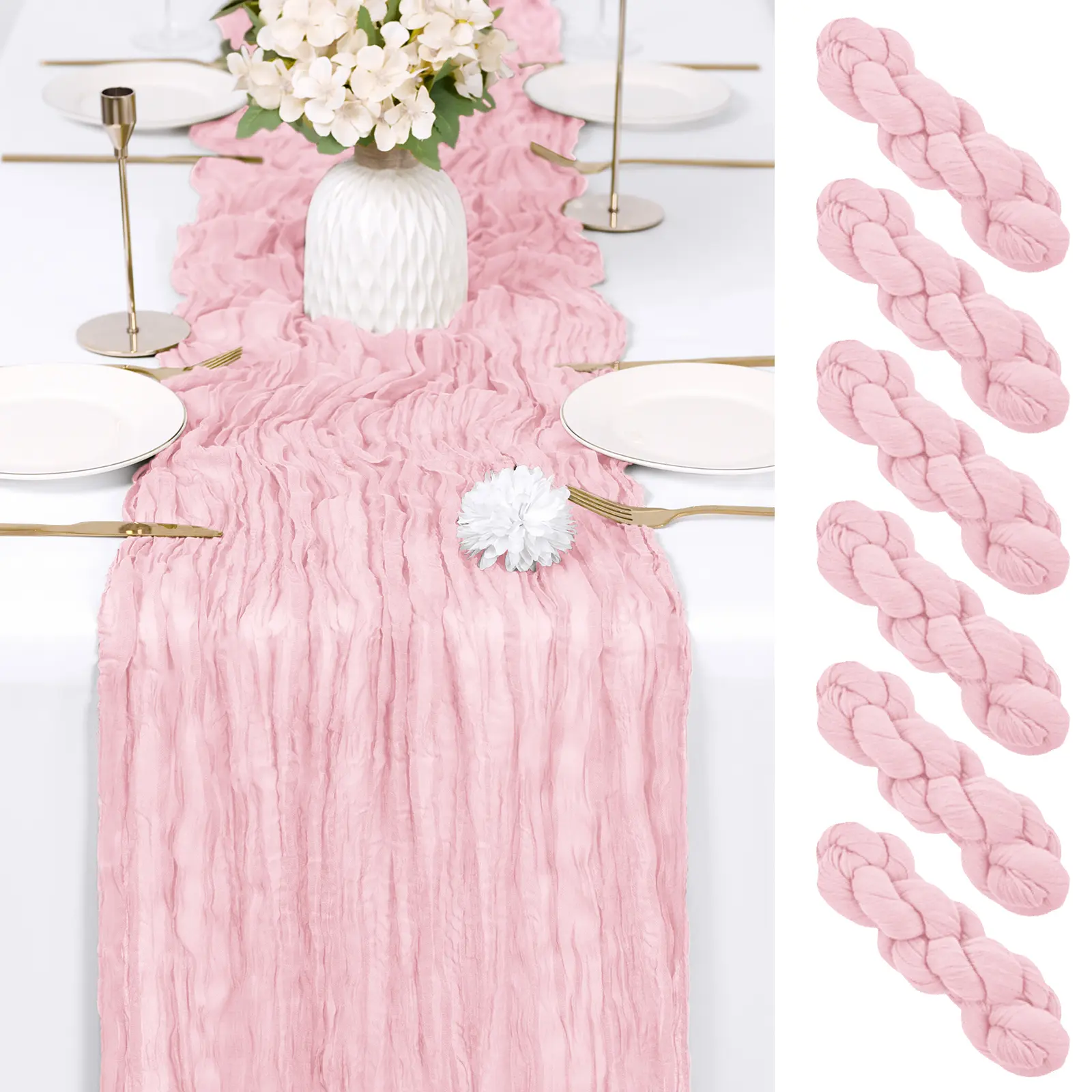 6/12 Pack Soft Blush Pink Pleated Semi-Sheer Polyester Boho Sheer Gauze Cheesecloth Table Runner (17x108 in) - Rustic Design, Exquisite Edges, Machine Washable for Wedding, Boho Themed Picnic Home Decor