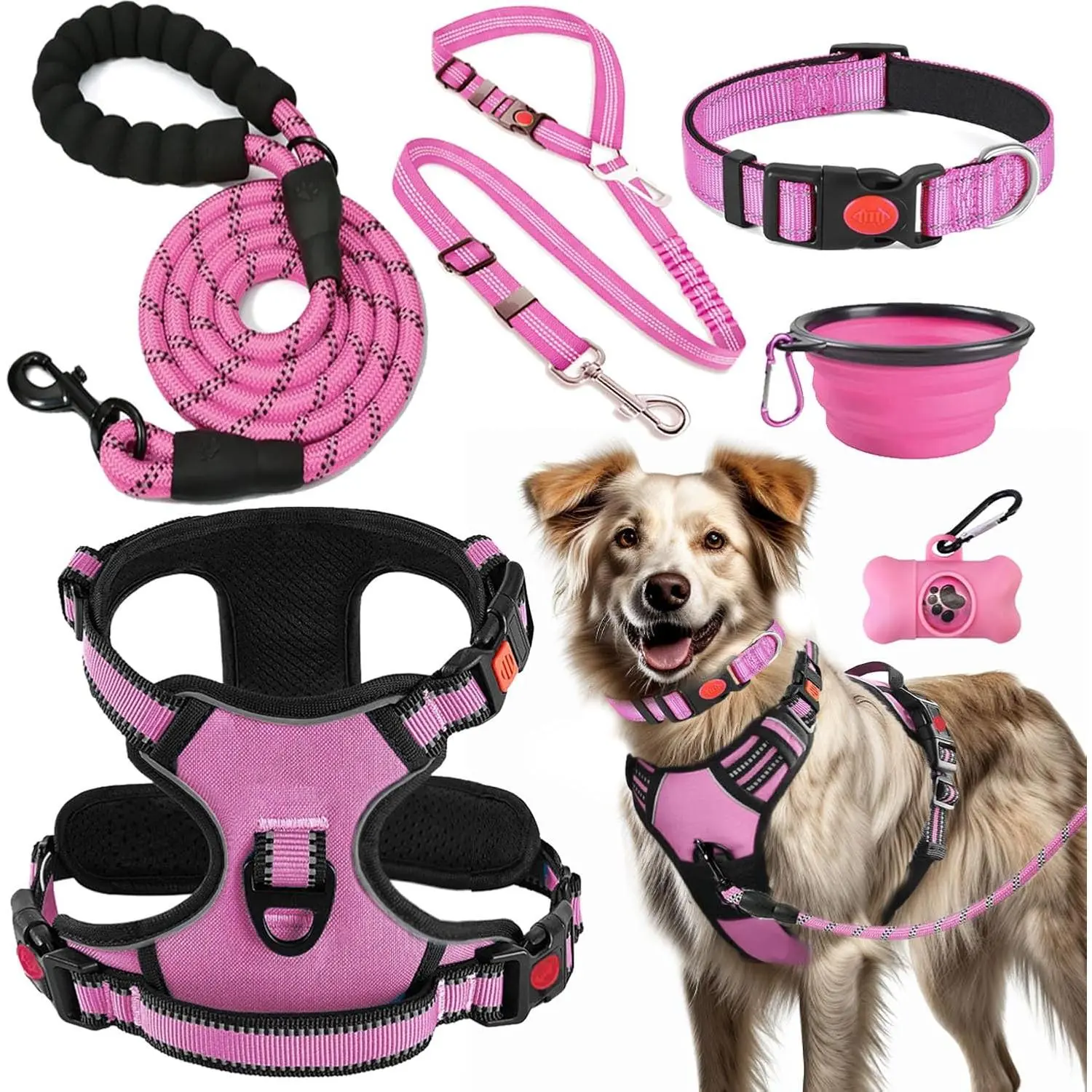 No Pull Dog Harness, Collar & Leash Set | Includes Dog Seat Belt, Collapsible Bowls & Poop Bag Dispenser. Ideal for Training, Walking, Hiking. Fits Small to Large Dogs(Pink-L)