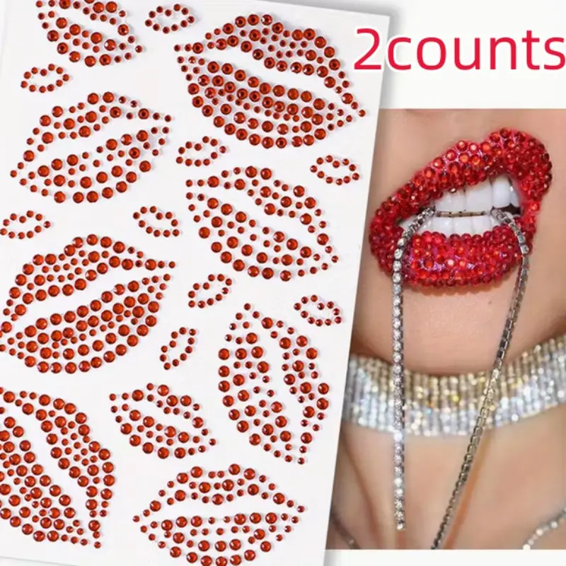 2 Pcs Realistic Lip Rhinestone Body Stickers, Shiny Valentine's Temporary Face & Body Decor, Party Accessories, Bold Lip Design, Sparkle Effect