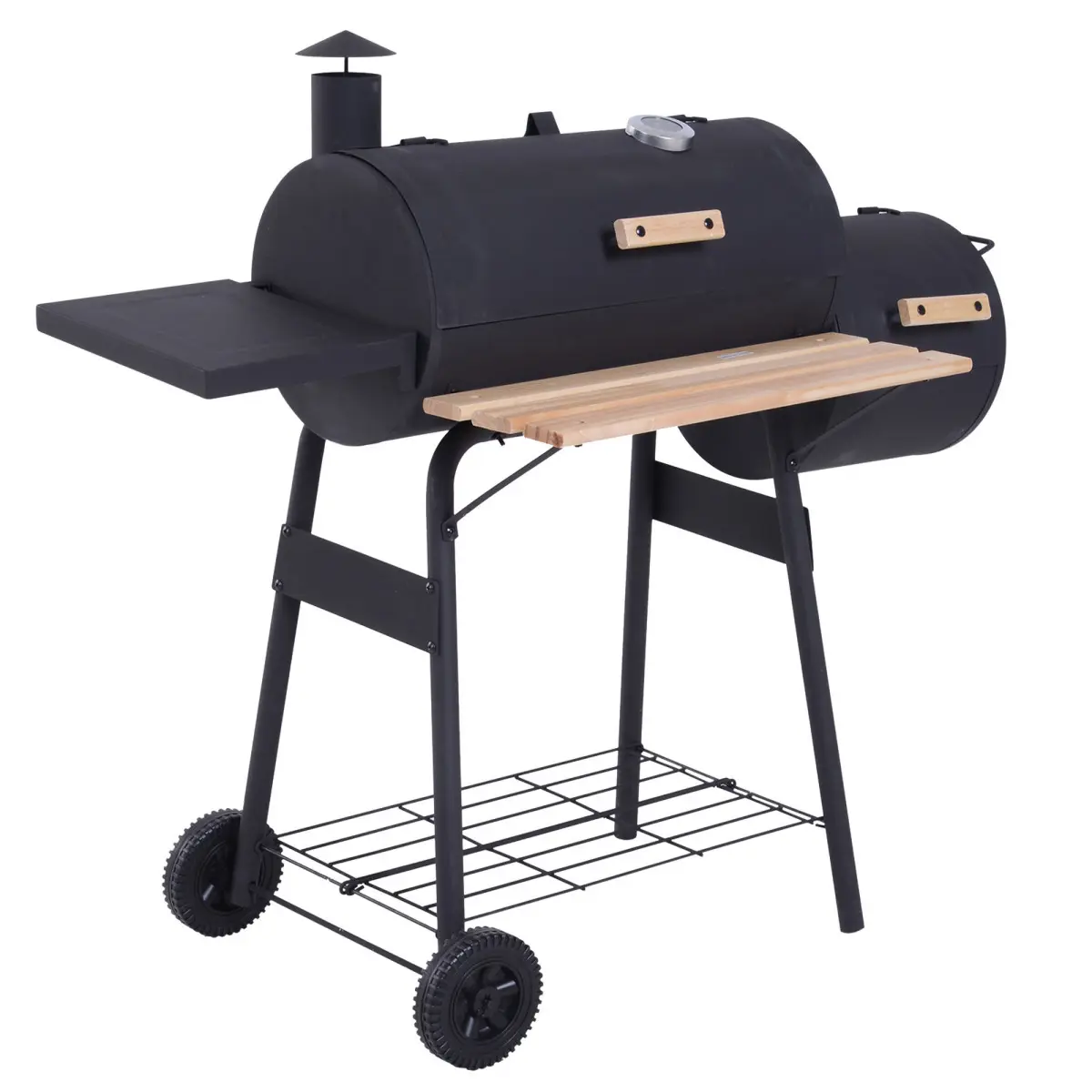 Offset Smoker and Charcoal BBQ Grill, 48-Inch Portable Combo with a Sturdy Steel Frame, Wheels, Shelves, and Built-In Thermometer, Handles, Metal