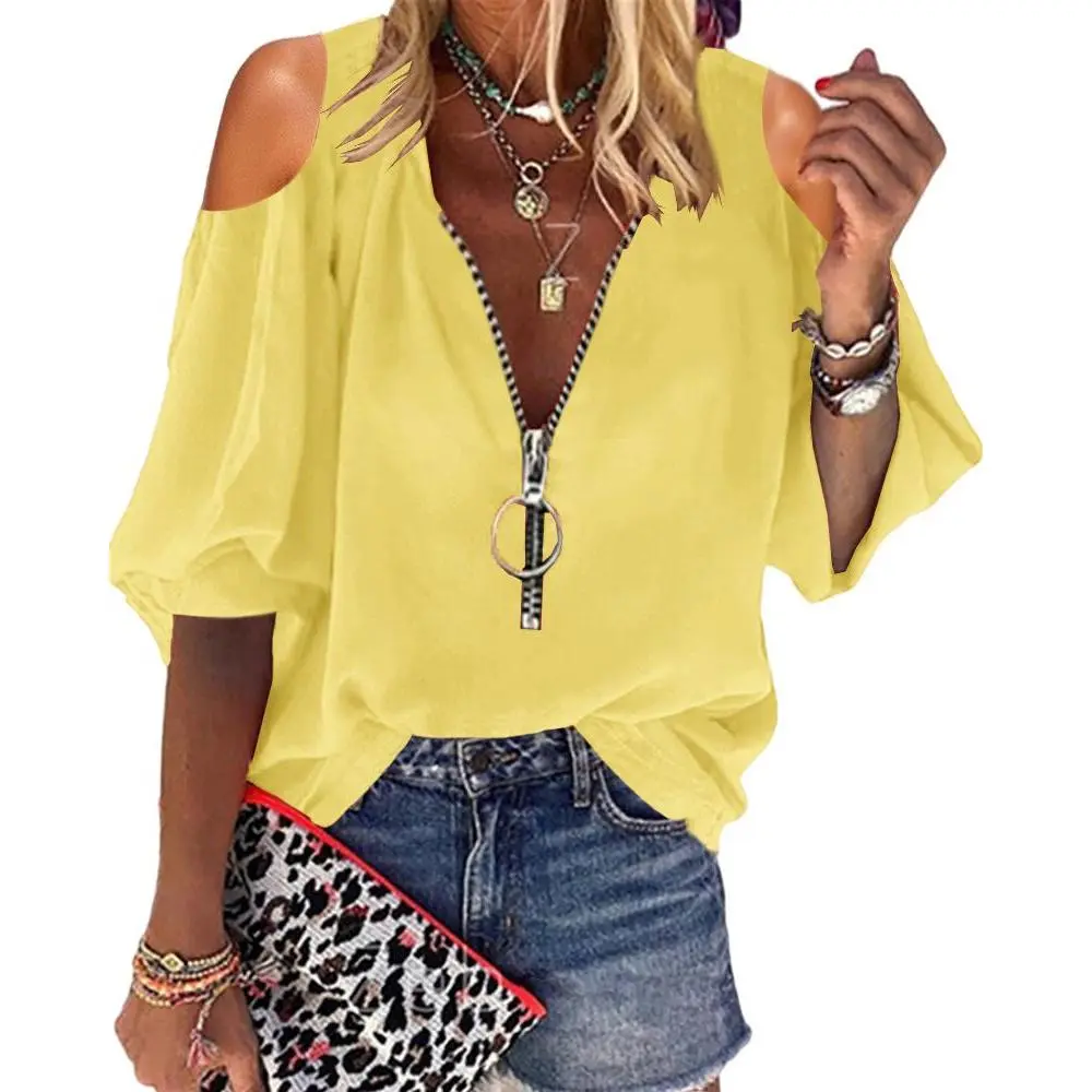 Goranbon Women's V Neck Lantern Sleeve Blouse Zipper Design Loose Casual Top Shirts