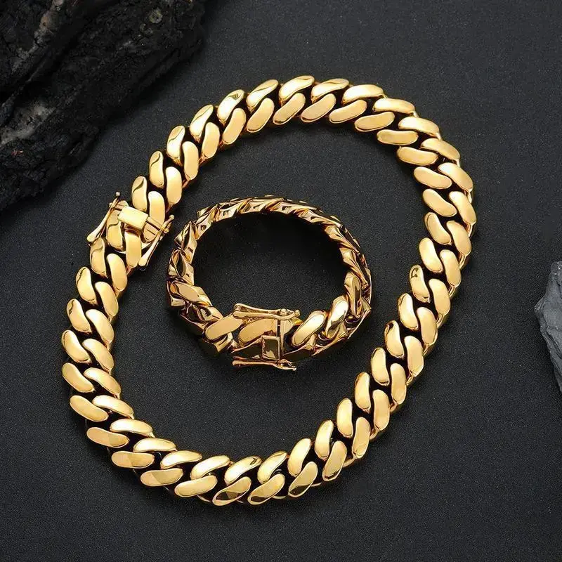 Set 2Pcs 18K Gold Vacuum Plated Stainless Steel Chain & Copper Deployment Clasp Miami Cuban Link Chain Italy Mexico & Micro Inspired Unisex Hip Hop 22mm Necklace&Bracelet for Men & Women Jewelry,Daily Wear,Casual Fashion,Gift,Chicano,Weight