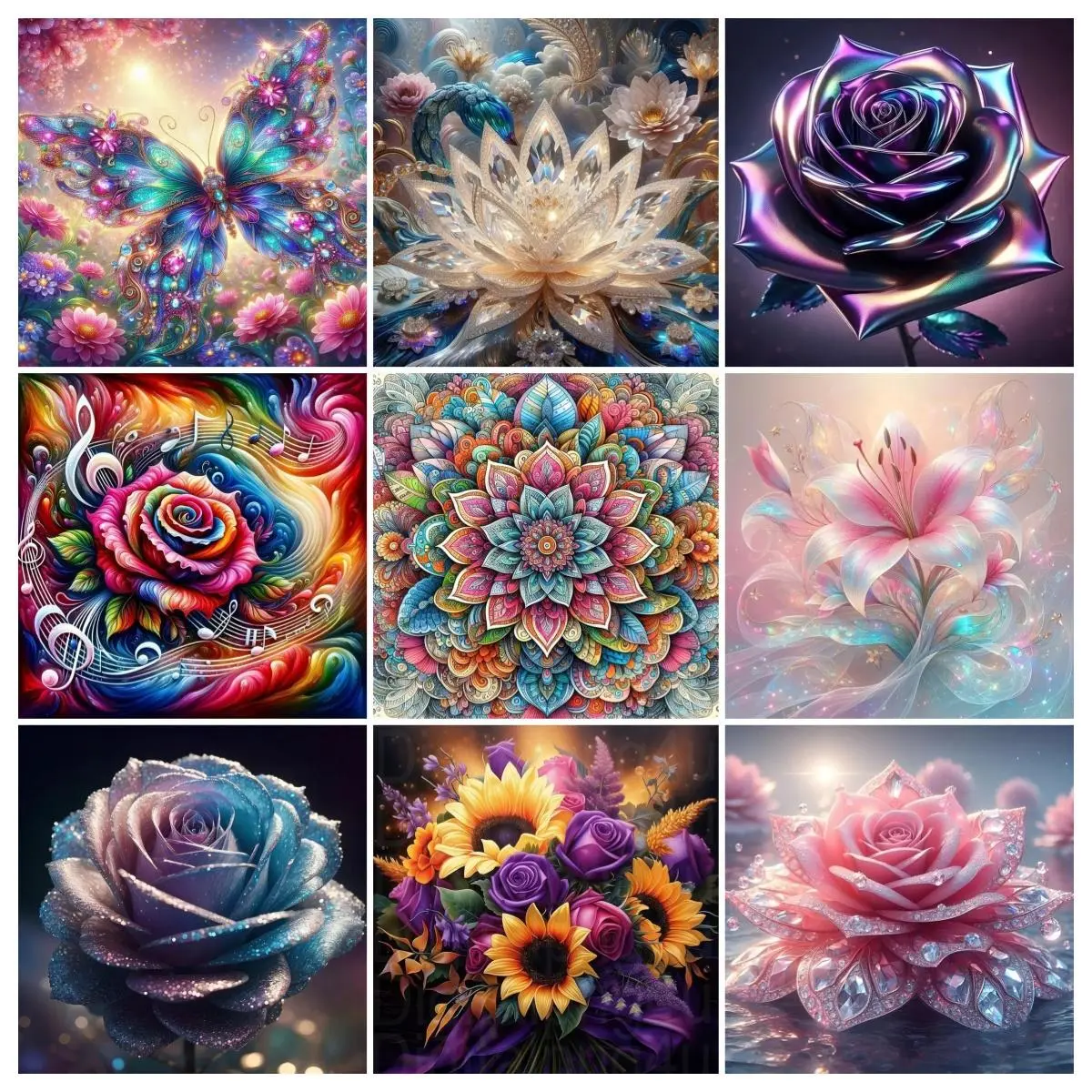 5D Full Square Round Rhinestone Diamond Painting Kit Shiny Crystal Gem Floral Art, Rainbow Butterfly Mandala Metallic Rose Lotus Sunflower Lily Canvas Diamond Craft Set for Living Room Bedroom Wall Decor Flower Lover Gift