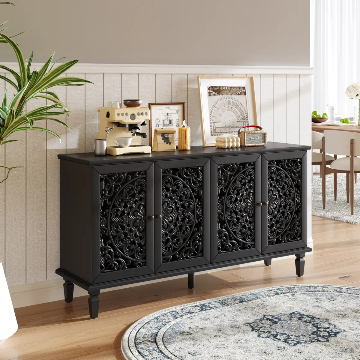 Aobtkel60" Antique Buffet Cabinet with Floral Carvings with Solid Wood Legs&Antique Brass Handles&Adjustable Shelves, TV Stand for 65''+ TV, Sideboard for Living Room,Dining Room (Black)
