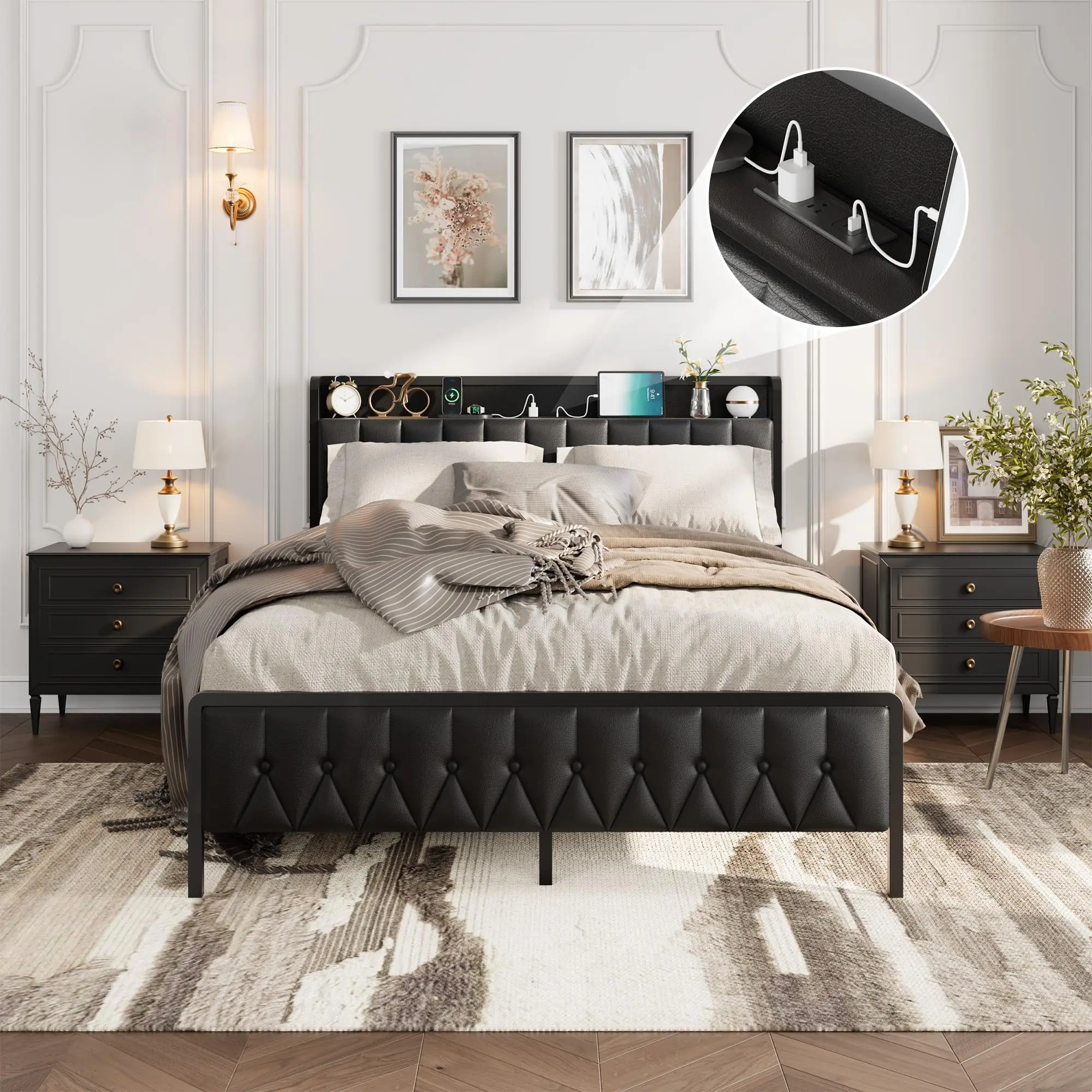 Garvee Queen Bed Frame with PU Faux Leather, Button Headboard with Charging Station, All-Metal Full Platform Bed Frame with Storage, Noise-Free, No Box Spring Needed, Easy Assembly, Black