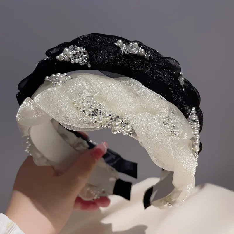 Women's Padded Viscose Silk Headband - Luxury Rhinestone-Embellished Wide Organza Hoop Headband for Sports Sun Protection