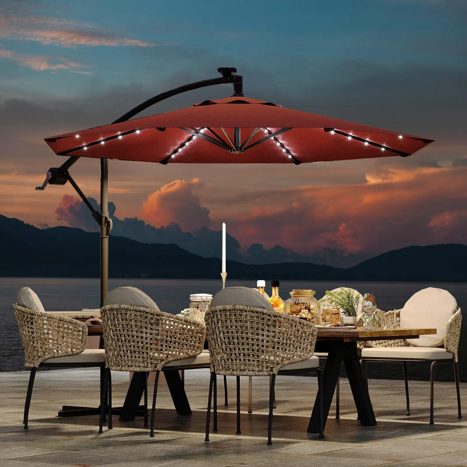 10FT Solar LED Cantilever Umbrella｜Fade UV Resistant Infinite Tilt Easy Lift Cross Base｜Outdoor Shade for Deck Pool Garden Backyard,home decor,camping essentials