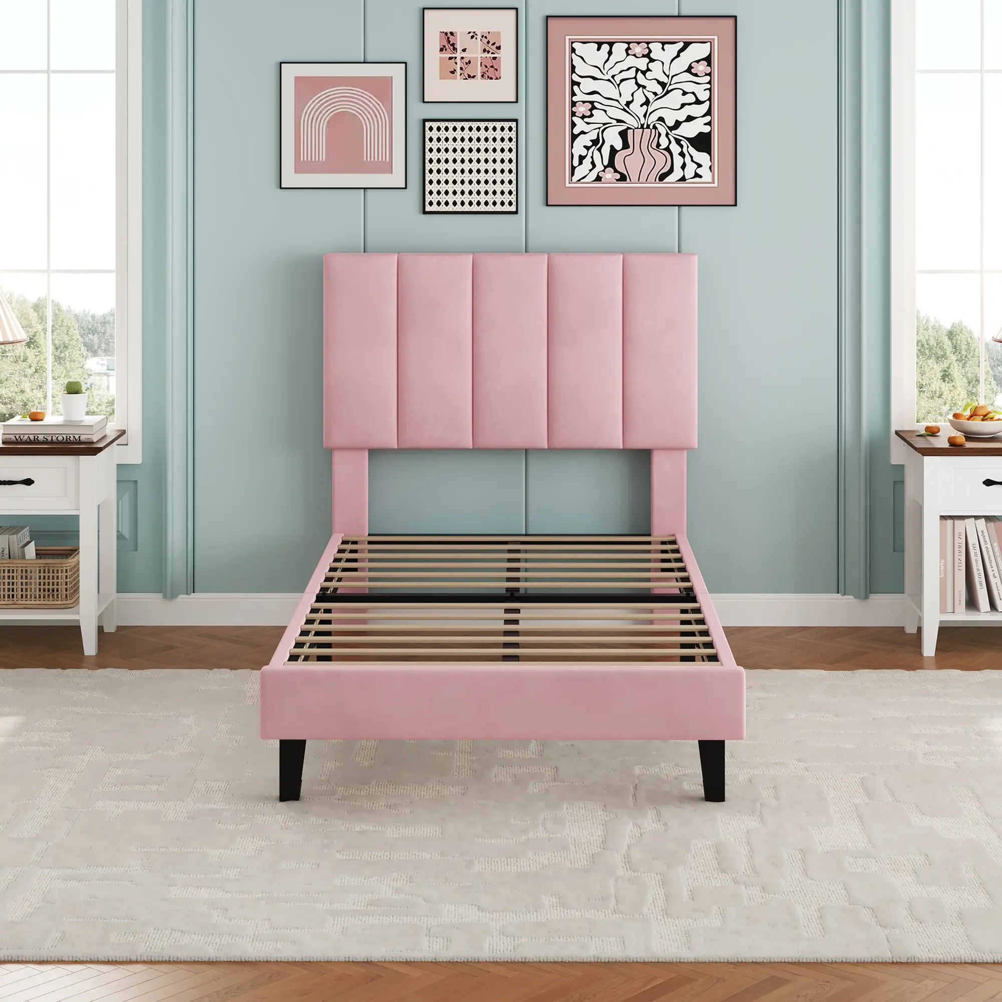 Twin Size Bed Frame, Velvet Upholstered Platform Bed with Adjustable Tufted Headboard, No Box Spring Needed