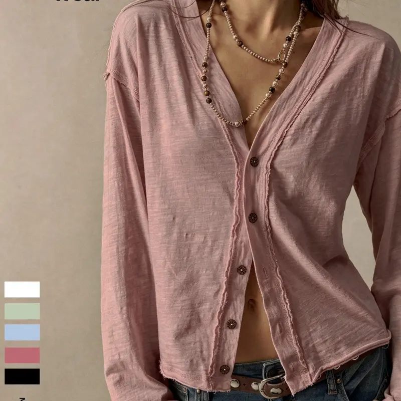 Women's Reversible V-Neck Button-Front Long Sleeve Cardigan, Loose Fit Bamboo Cotton Sun Protection Shirt, Casual Daily Wear Chic