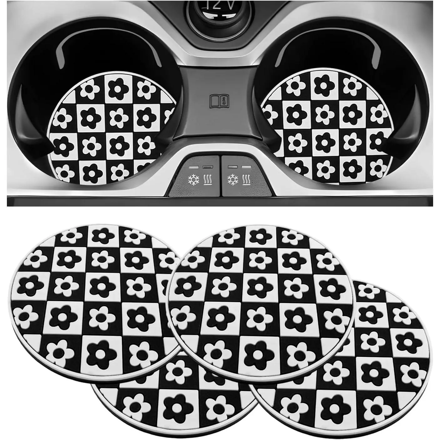 4 count  Cup Coasters, 2.76 Inch Shockproof Auto Cup Holder Insert Coaster Checkered Drink Mat, Anti-Slip  Water Bottle Pad Stylish Grid Decoration for   (Flower)