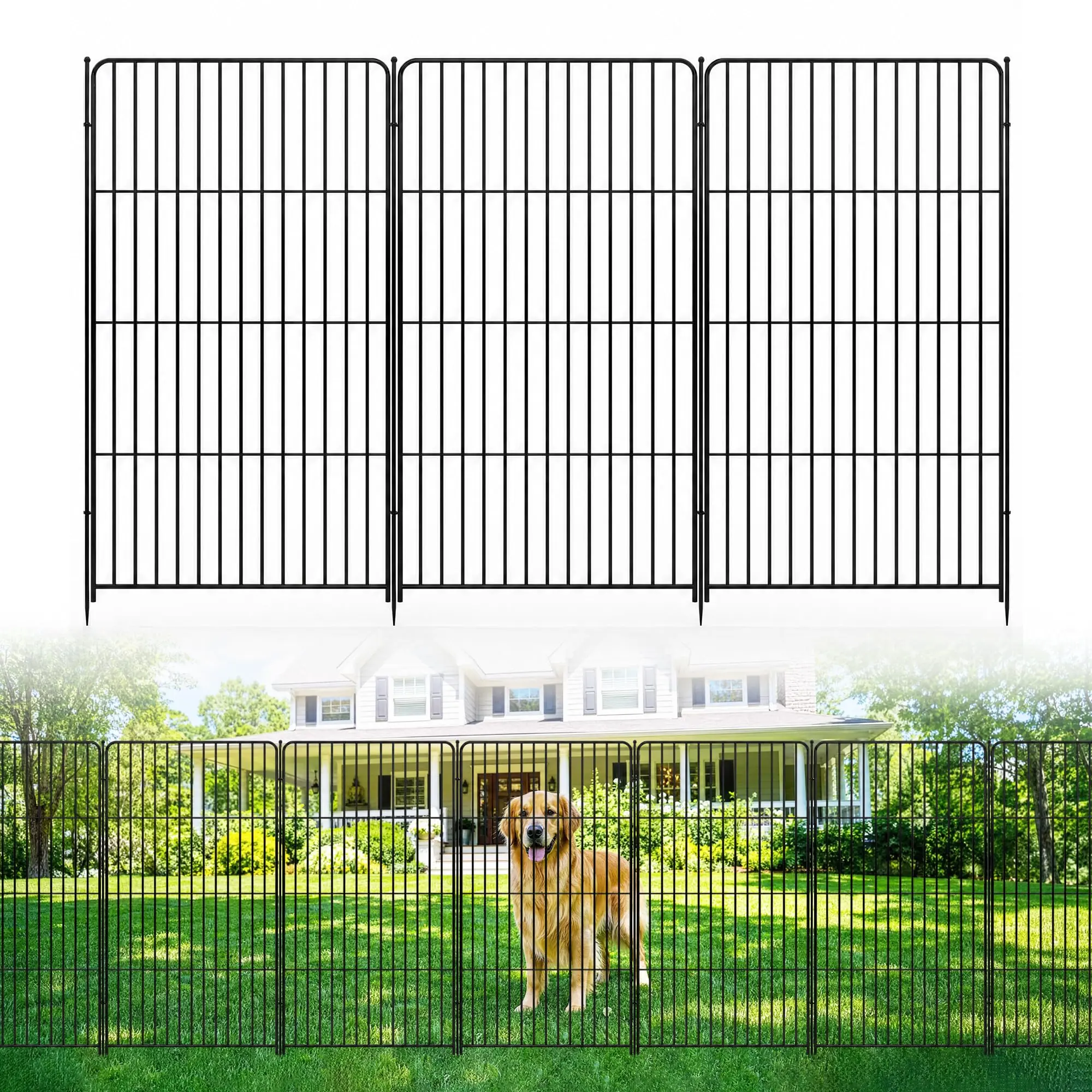Garvee No-Dig Metal Garden Fence with Door – Outdoor Decorative Animal Barrier for Yard & Patio – 8 Pack, Black – Each Panel 48in x 27in