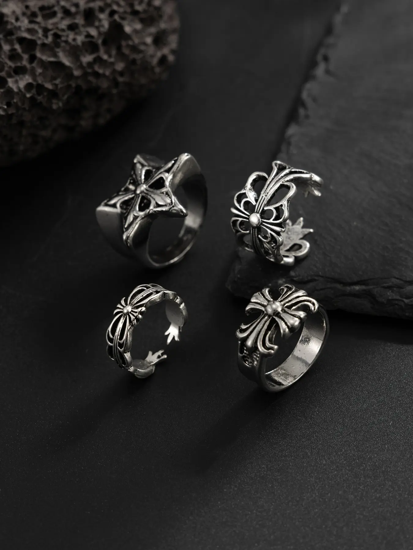 4 Pcs Punk Gothic Metal Rings for Men, Punk Style Ring, Ring Set, Cool Party Accessories, Best Gift for Boyfriend, All Seasons Wear, All over Print Design