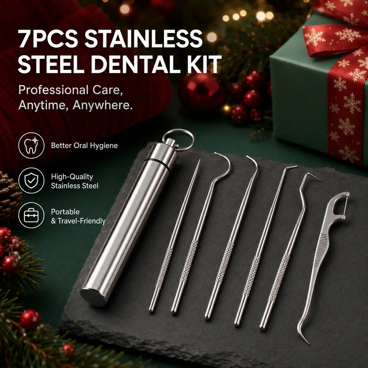 Stainless Steel Toothpick Pocket Set, Reusable Dental Floss Pick, Travel Teeth Cleaning Tools Kit for Outdoor Picnic, Camping, Keychain Design, Oral Care Tool (7/6PCS)-YY2