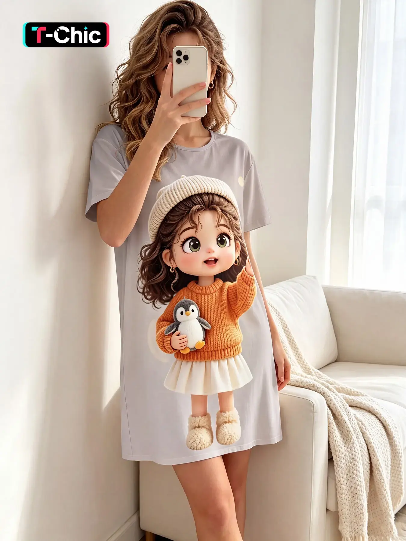 Women's Short Sleeve Crew Neck Sleep Dress, Nightwear, All Season Wear, Fluffy Penguin Companion Cartoon Print, Unique Vivid Nightgown for Movie Night, Quiet Time and Creative Home Shoots