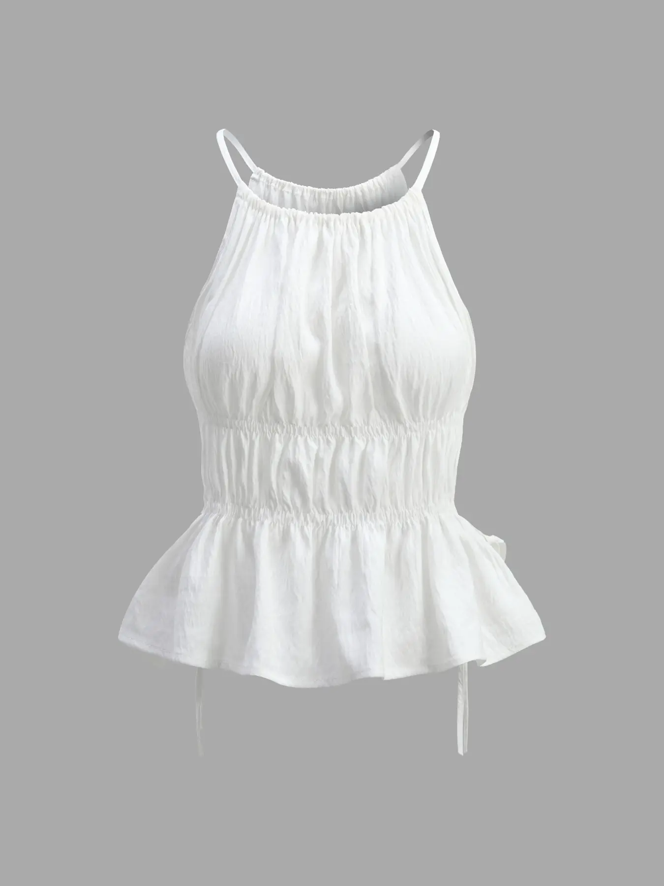 Summer Textured Halter Top, Sleeveless Waist Cinch Drawstring Ruffle Edge Blouse, French Chic Style, Casual Wear, Vacation, Date, Fit, Camisole Tank Tops