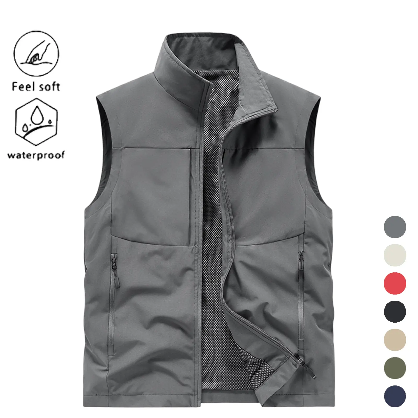 Men's fashionable multifunctional double-sided vest, waterproof, skin friendly, comfortable, sleeveless vest, casual solid color zipper stand up collar sleeveless vest, multi zipper pocket design, loose street style outerwear