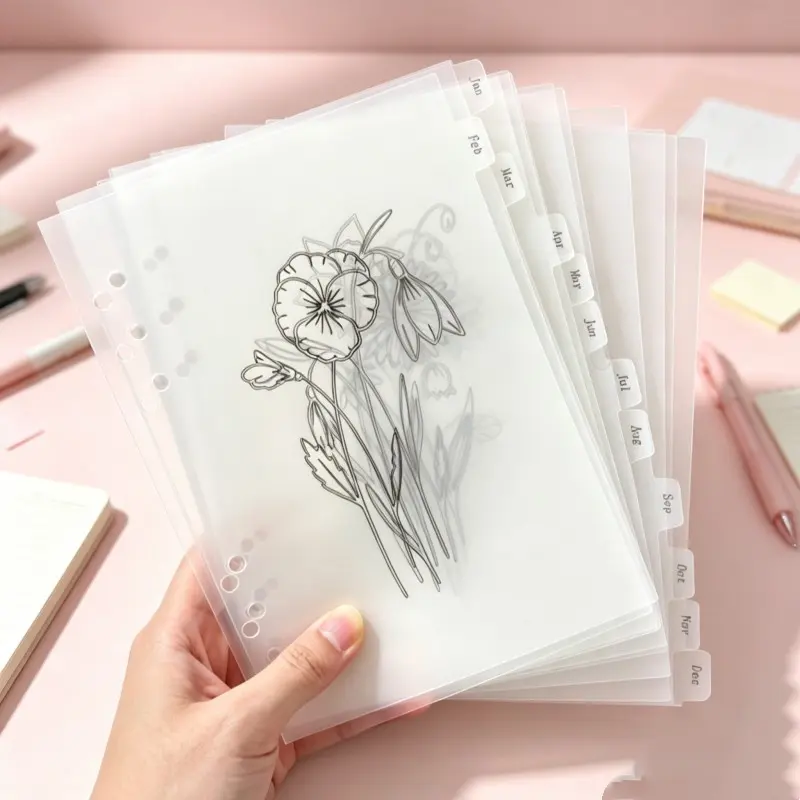 A5 December Floral PP Divider Set, 12 Sheets, Solid & Frosted Transparent, Monthly Index Labels, Waterproof Notebook Accessories
