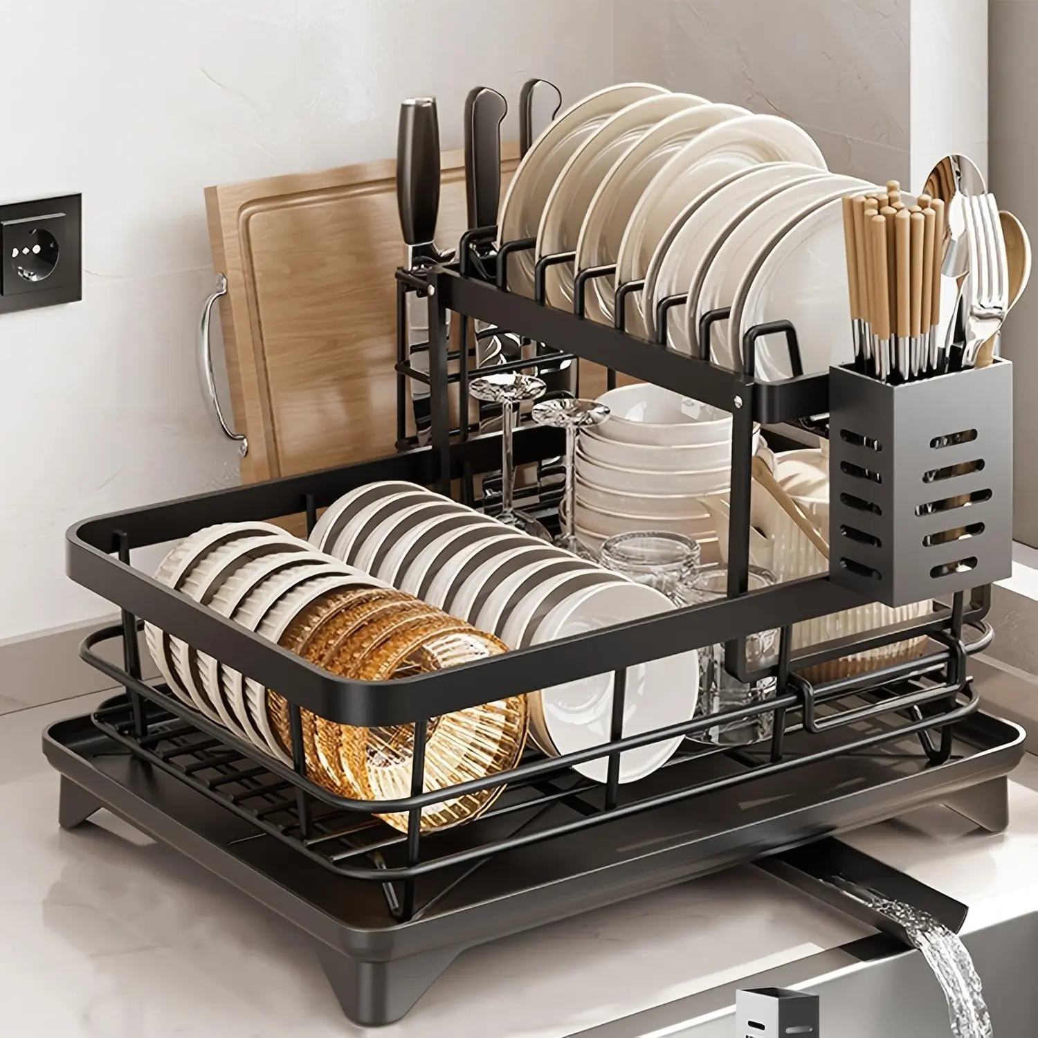 2 Tier Black Metal Dish Drying Rack, Large Capacity Kitchen Countertop Dishes Rack Dish Organizer with Utensil Holder & Drainage Tray, Rustproof Plate & Bowl Storage Rack for Kitchen Sink, Dishrack