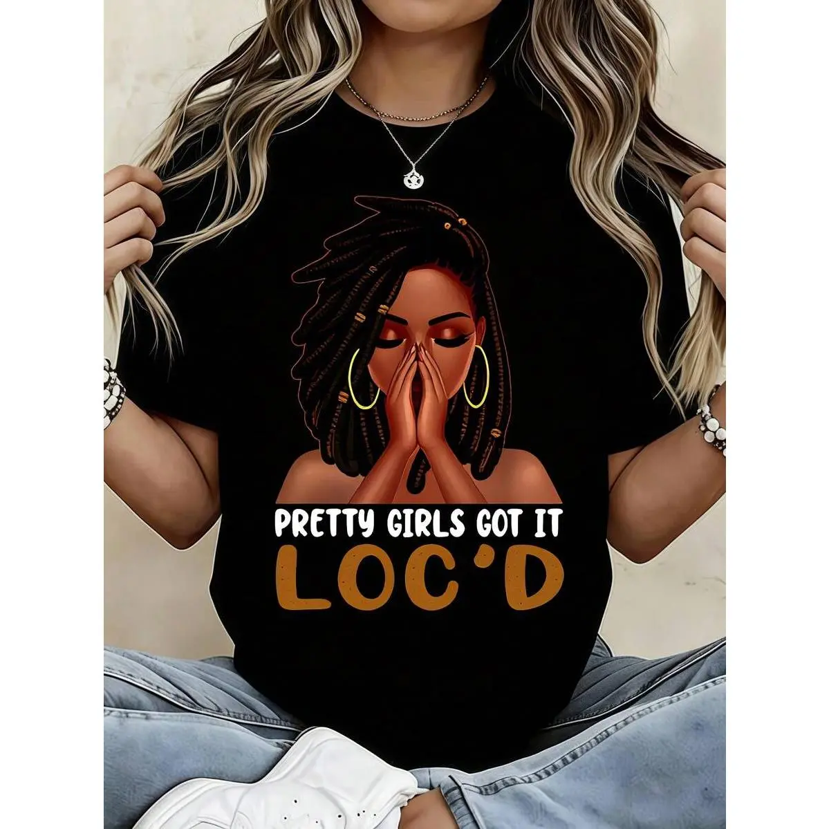 Women's Pure Cotton Knit Fabric Short Sleeve Crew Neck T-Shirt - Plus Size, Normal Type, "Pretty Girls Got It On Loc" Funny Locs Dreadlocks Letters Print, Casual, Comfortable, Versatile, Machine Washable, Chic