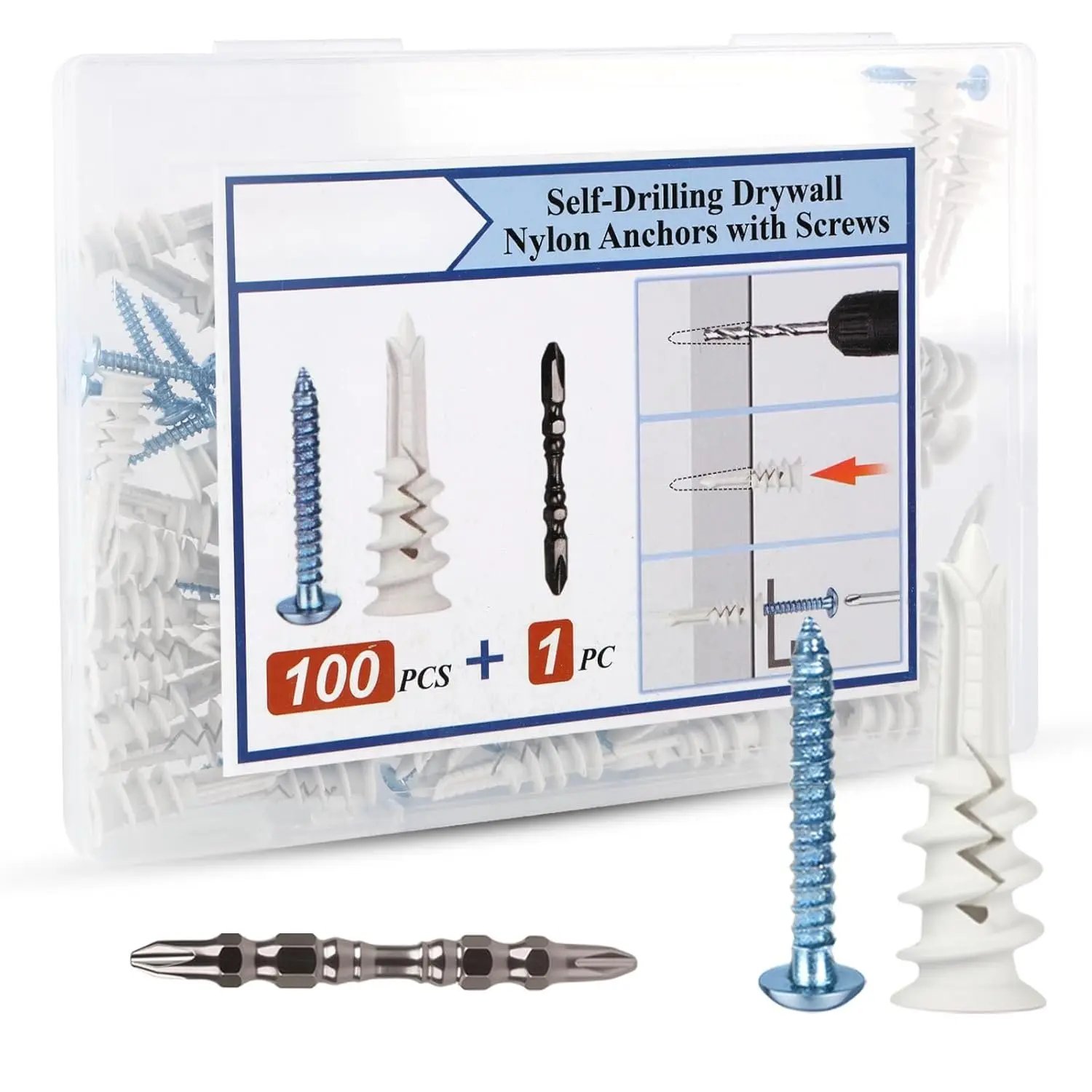 101 count Self Drilling Drywall Anchors Kit with Screws, #8×/5 Dry Wall Anchors and Self Drilling Screws with Bit for Gypsum Board, Sheetrock, No Pre Drill Required, Heavy Duty Holds 75LB.