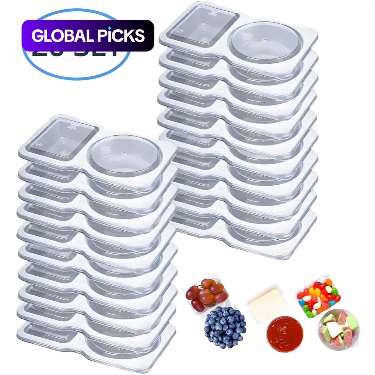 20-Set Clear Reusable Double-Compartment Condiment Containers with Lids, Leak Proof Container, 2-Compartment Organized Food Storage Containers for Meal Prep, Salad Dressing, Dipping Sauce & Travel Snacks, Plastic Kitchen Canisters #GLOBAL PICKS