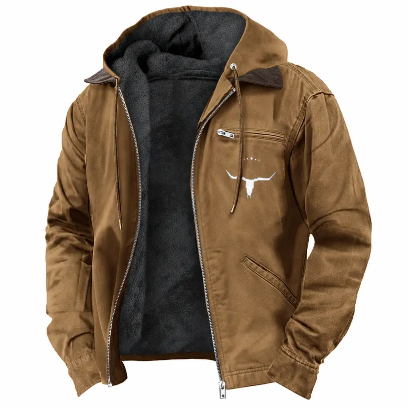 Men's Retro Brown Canvas Fleece Lined Hooded Trucker Jacket, Western Longhorn Skull Graphic Zip Up Winter Warm Work Coat