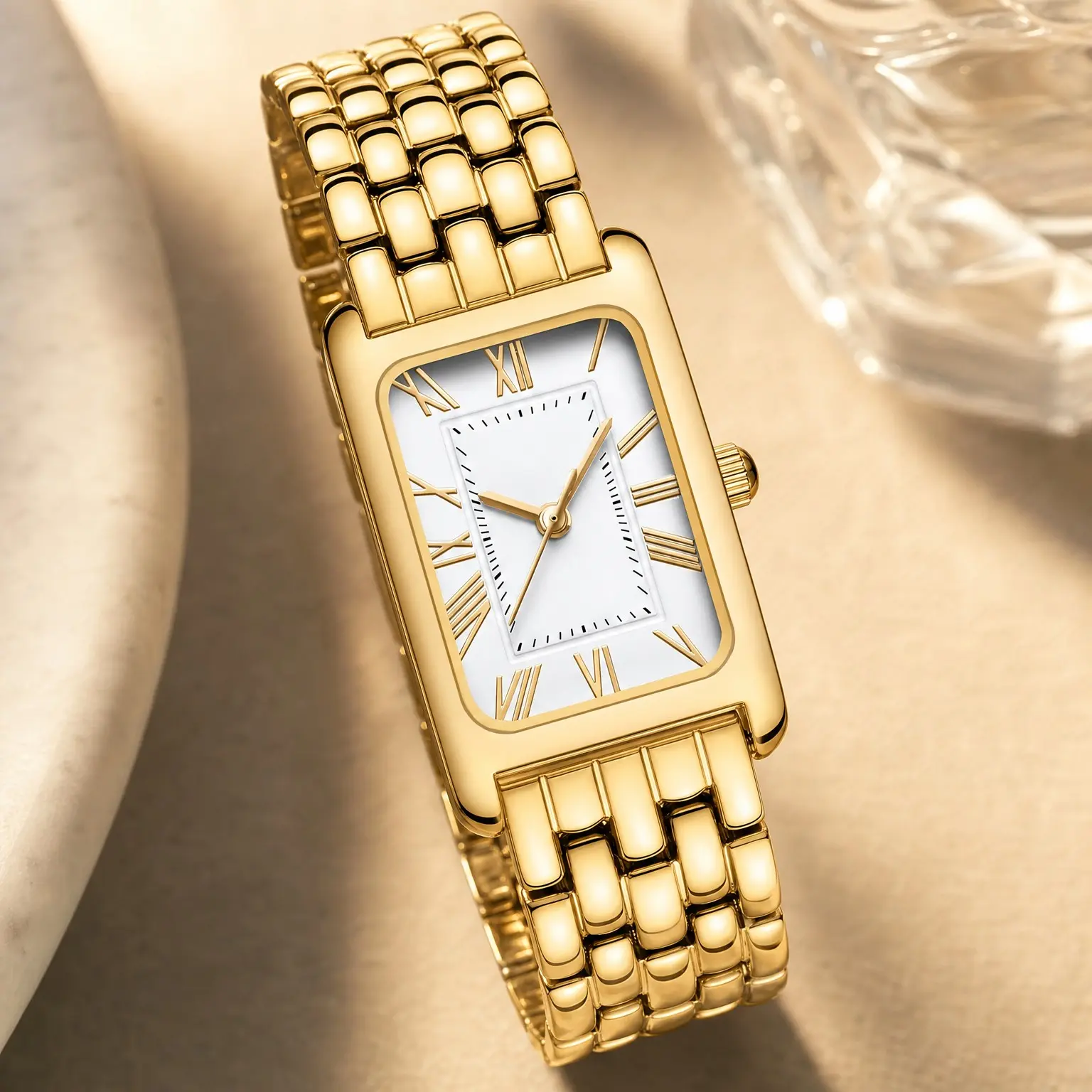 Women's Vintage Roman Dial Gold Stainless Steel Watch with Small Rectangle Case, Adjustable Band, Water Resistant, Adjustment Tool IncludedGift