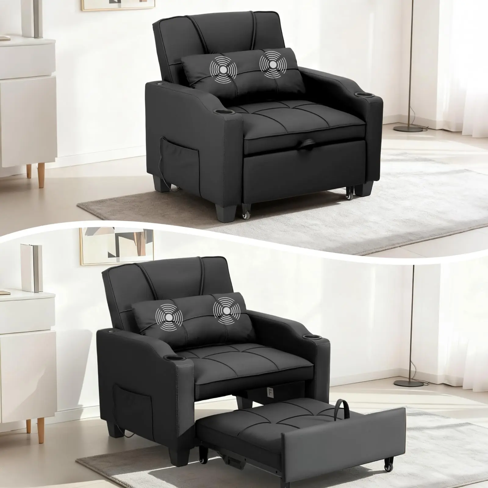 Garvee Convertible 4-in-1 Sofa Chair with Pull-Out Bed, Recliner, Vibration Massage Pillow, USB/Type-C Ports, Cup Holders, and Side Pocket - Ideal for Small Spaces