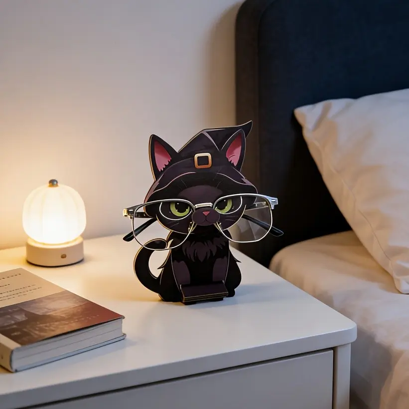 Creative Cartoon Cat-Shaped Eyeglass Frame, Wooden Eyeglass Display Stand, Office Desk Organizer, Cute Witch Hat Cat Glasses Holder