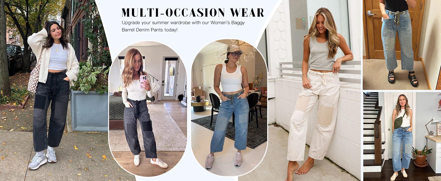 Imily Bela Womens Baggy Barrel Horseshoe Jeans Wide Leg Patchwork Low Rise Denim Pants with Pockets Casual & Formal Style