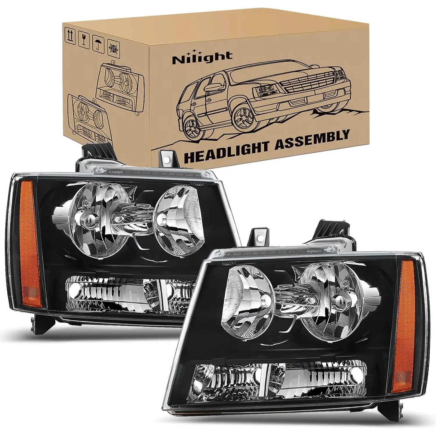 Nilight OE Standard Brightening LED Car Headlight & Bumper Lamp Set - Black Housing, Amber Reflector, IP65 Anti-Fog Waterproof, Adjustable, Plug-N-Play Easy Install, for 2007-2014 Chevy Avalanche Tahoe Suburban 1500 2500 (Driver's Side Car Lighting)