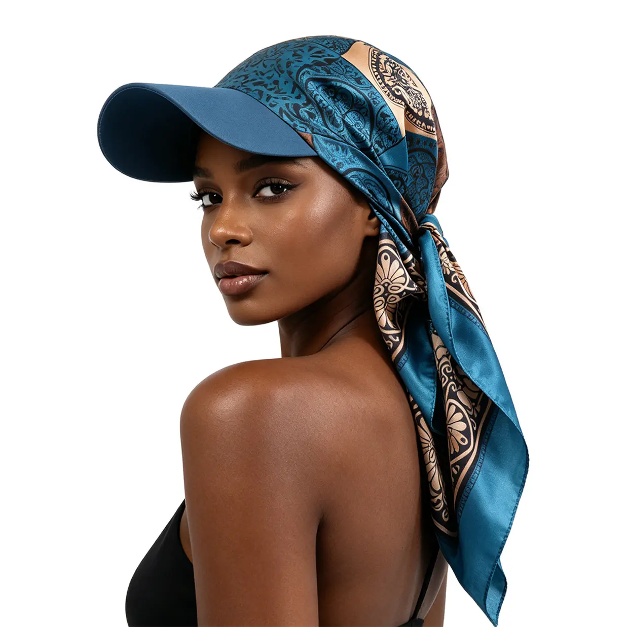 Women's Soft Satin Printed Square Baseball Cap - Elastic Tie-Back, Anti-UV Sun Protection, All-Seasons Outdoor Casual Versatile Head Wrap