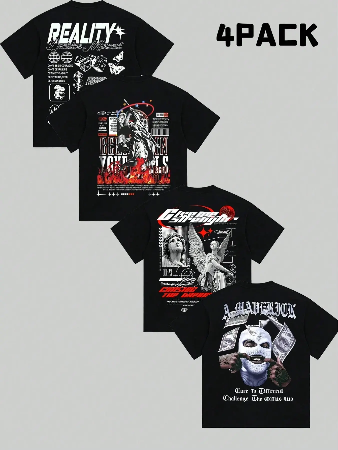 Vintage Dark Hip‑Hop Streetwear 4‑Pack Men Short Sleeve Tee Set, Multi‑Graphic Back Printed Crew Neck Loose Boxy Fit Lightweight Stretchy T‑Shirts, Angel Money Ski Mask Text Art Tees for Urban Skate Style Summer Daily Hangout Club Wear