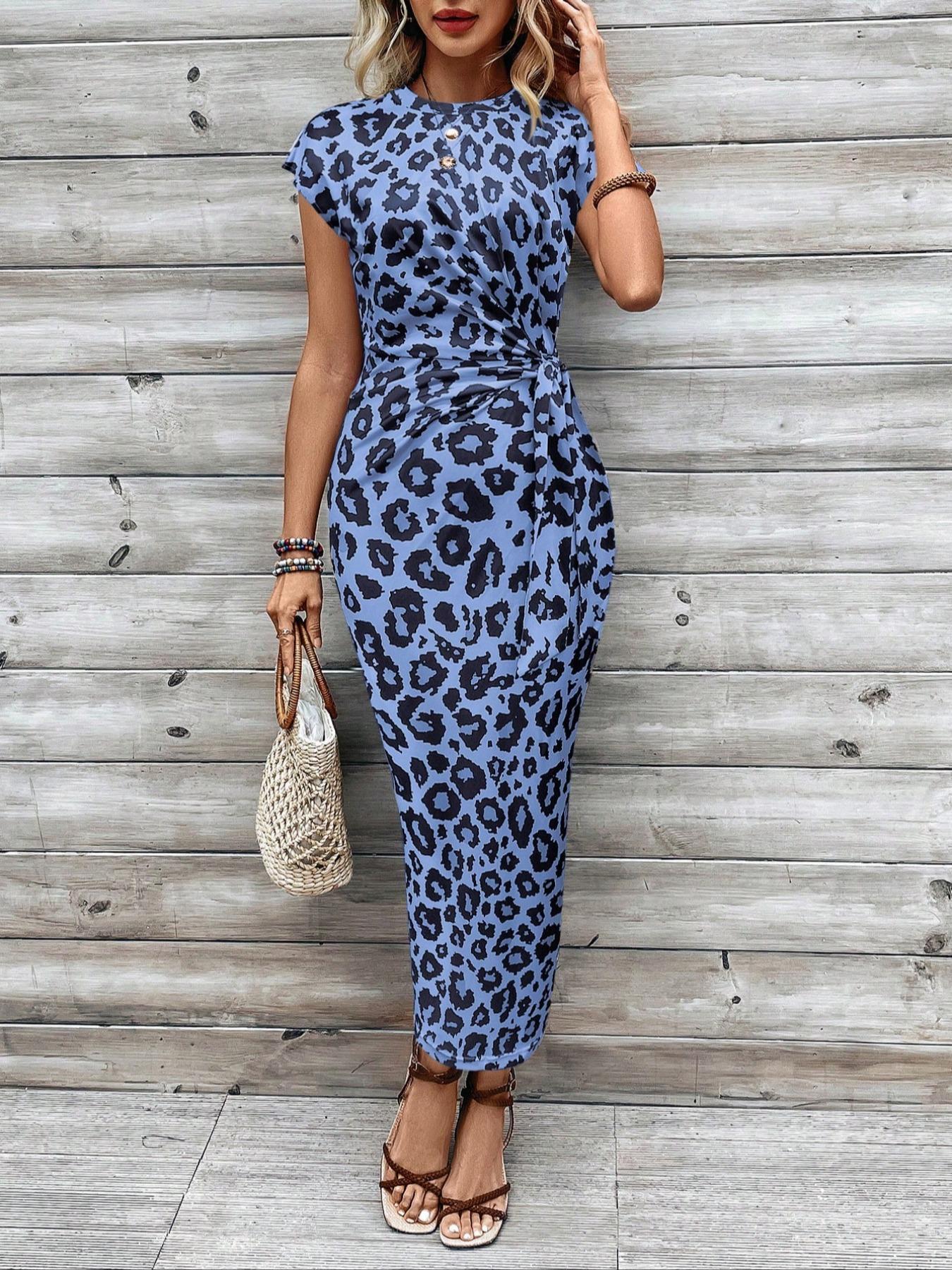 Women's Leopard Print Statement Knot Bodycon Dress, Elegant Butterfly Sleeve Round Neck Long Dress for Formal Parties, Holidays and Wedding Guests, Ladies Summer Clothes, Elegant Dress for Women