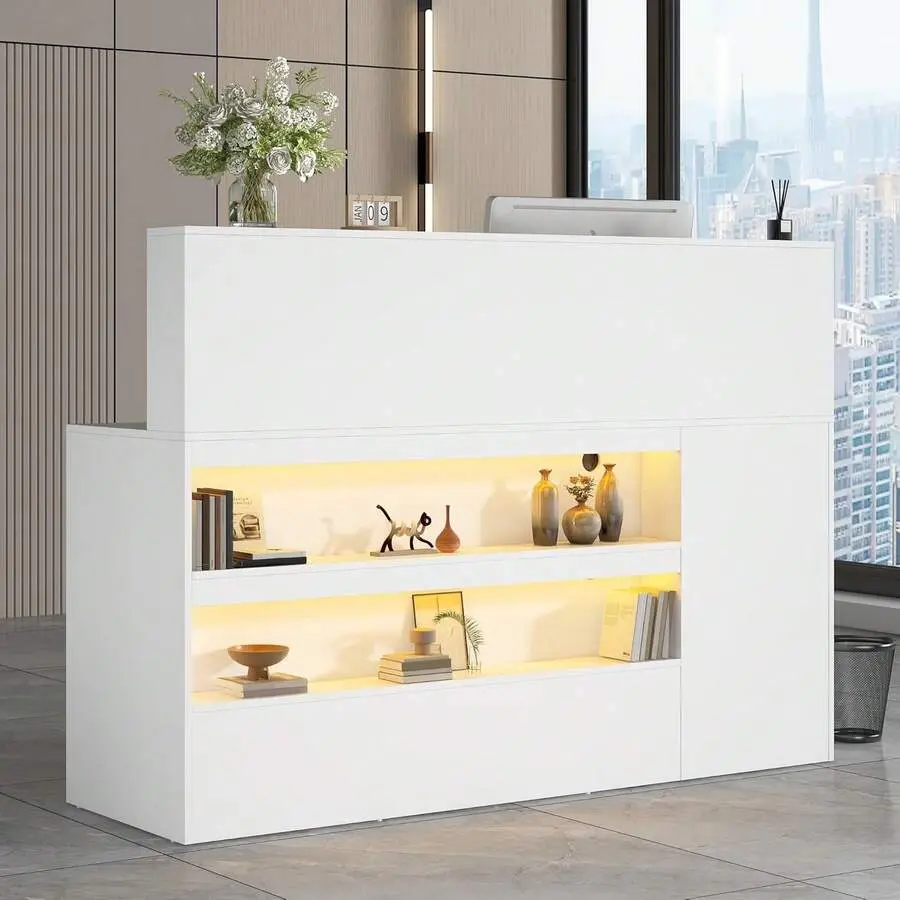 55" Modern L-Shaped Reception Desk With USB Powered LED Lighting & Power Outlets| Lockable Drawers, Management| Office Lobby, Salon, Home Reception Counter In White​​