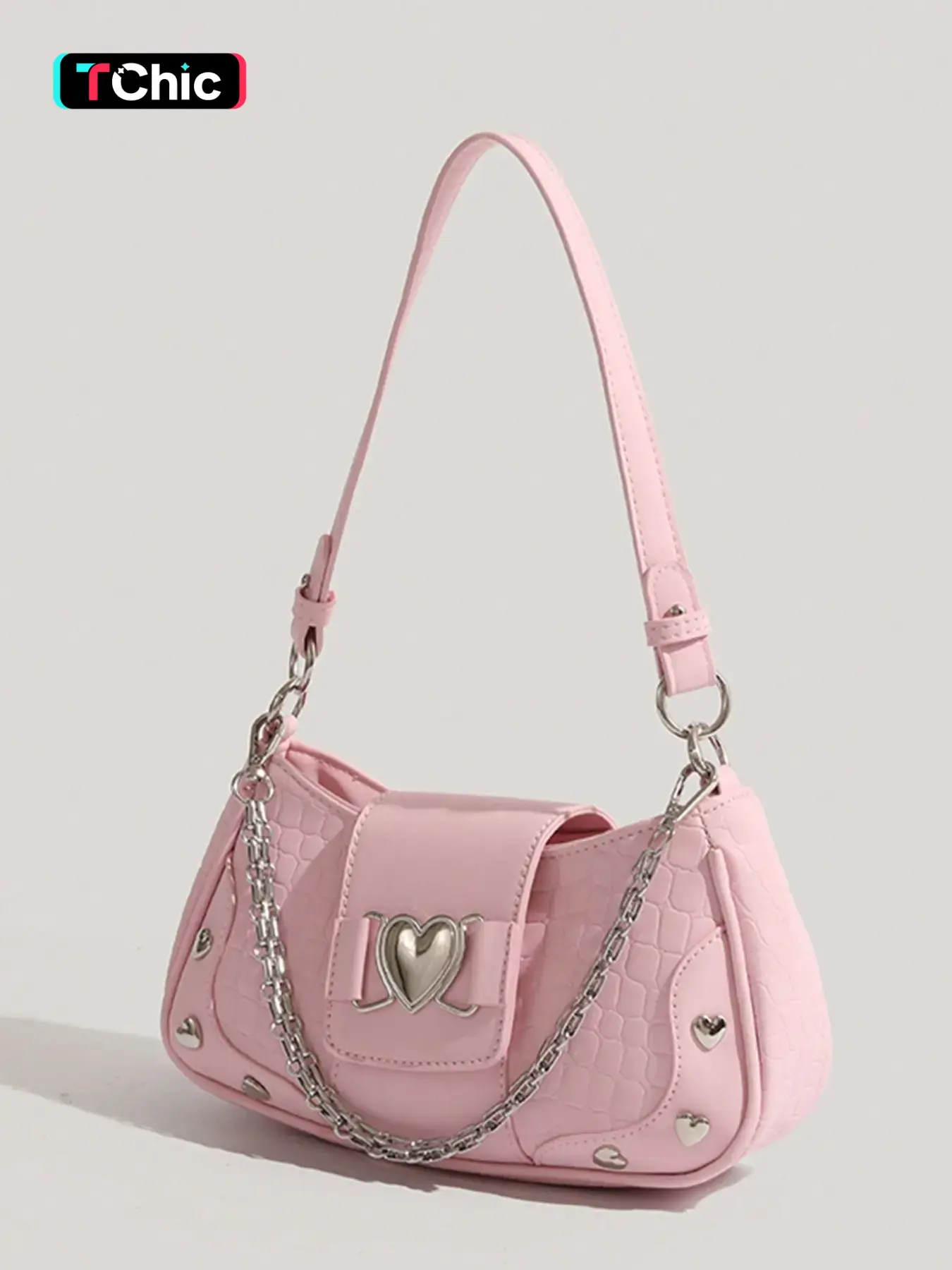 Women's Fashion Chain Decor Shoulder Bag, Heart Decorated Crocodile Textured Pu Leather Bag for Daily Used, Trendy All-match Underarm Bag, Cute Y2k Punk Style Hobo Dumpling Bag