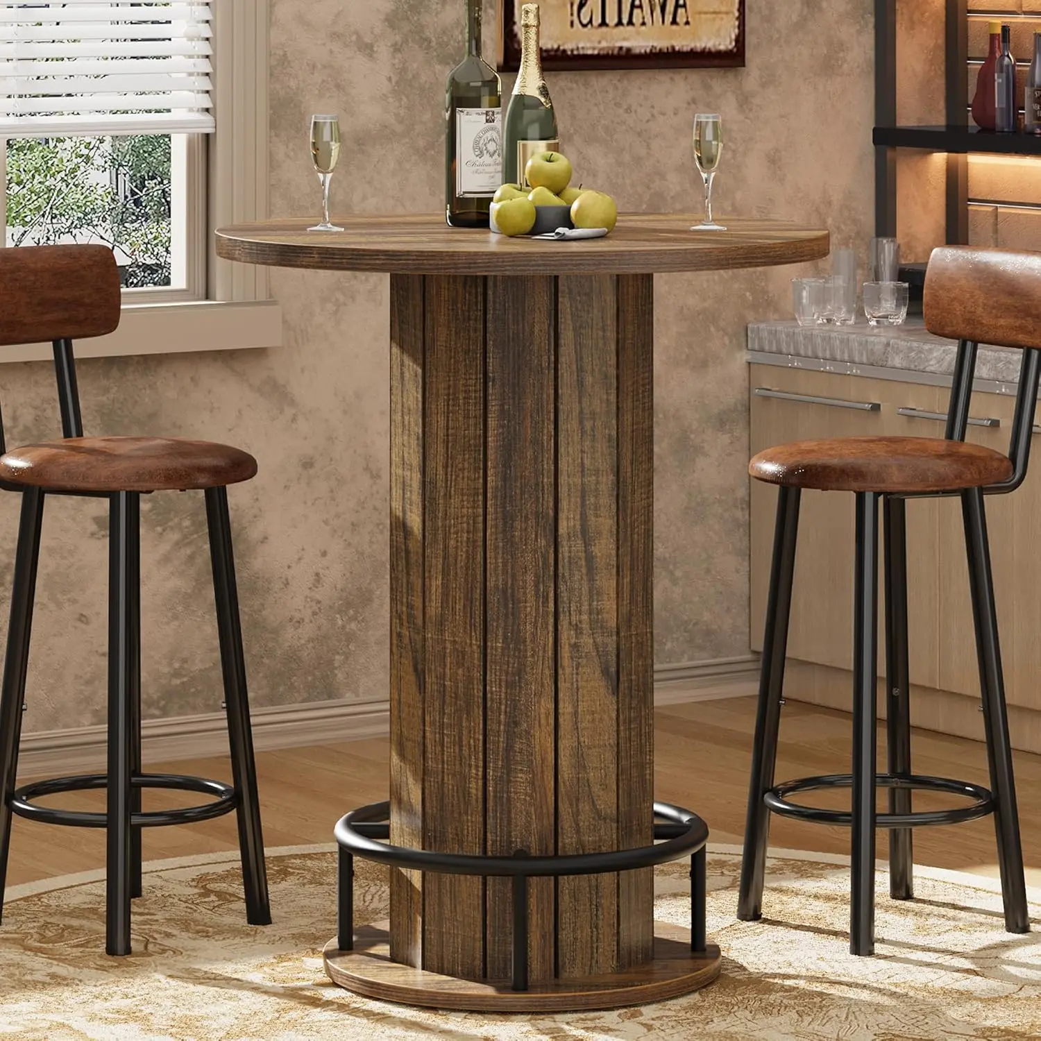 Space-Saving 40'' Tall Round Bar Table – Perfect for Home Bar, Kitchen, or Compact Areas – Round Counter Height Bistro Pub Table with Footrest – Table Only