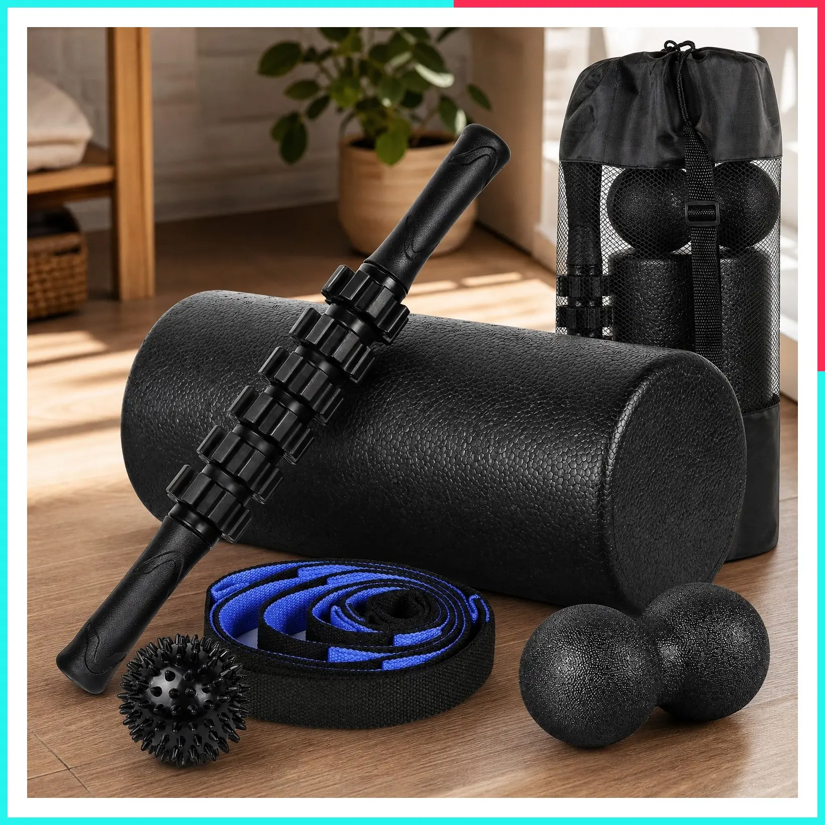 High Density Foam Roller Set with Muscle Roller Stick, Plantar Fasciitis Ball, Stretching Strap & Massager Ball for Deep Tissue Massage, Back Pain Relief and Full Body Physical Therapy Exercise